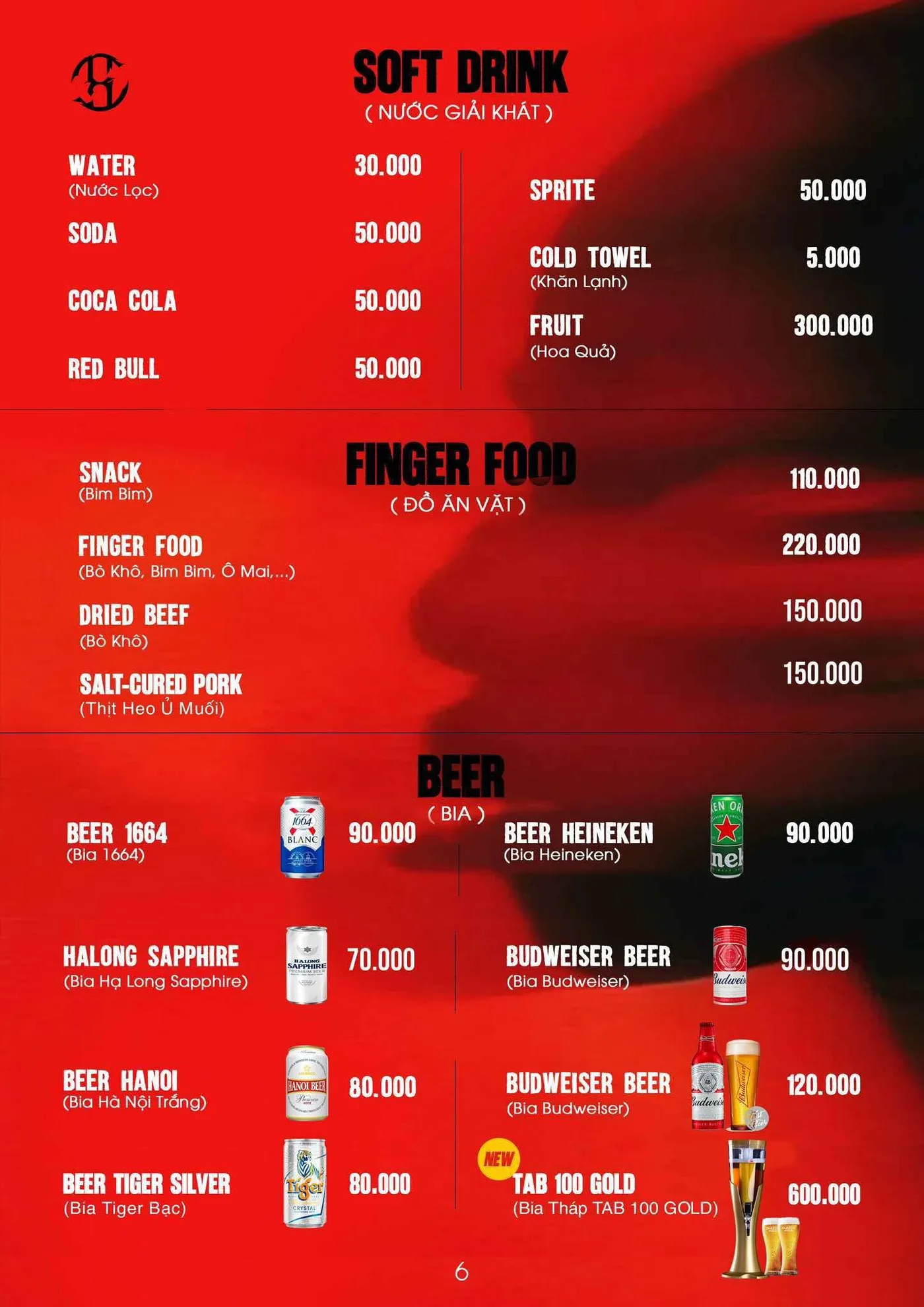 Một trang trong thực đơn COCA Club